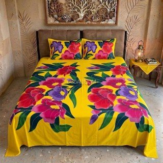 Rayon Bedsheet Hand Painted Floral Design 